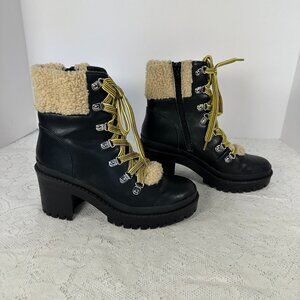 Steve Madden Black FAUX Leather Bundle Up Shearling lace up Boots, 6M